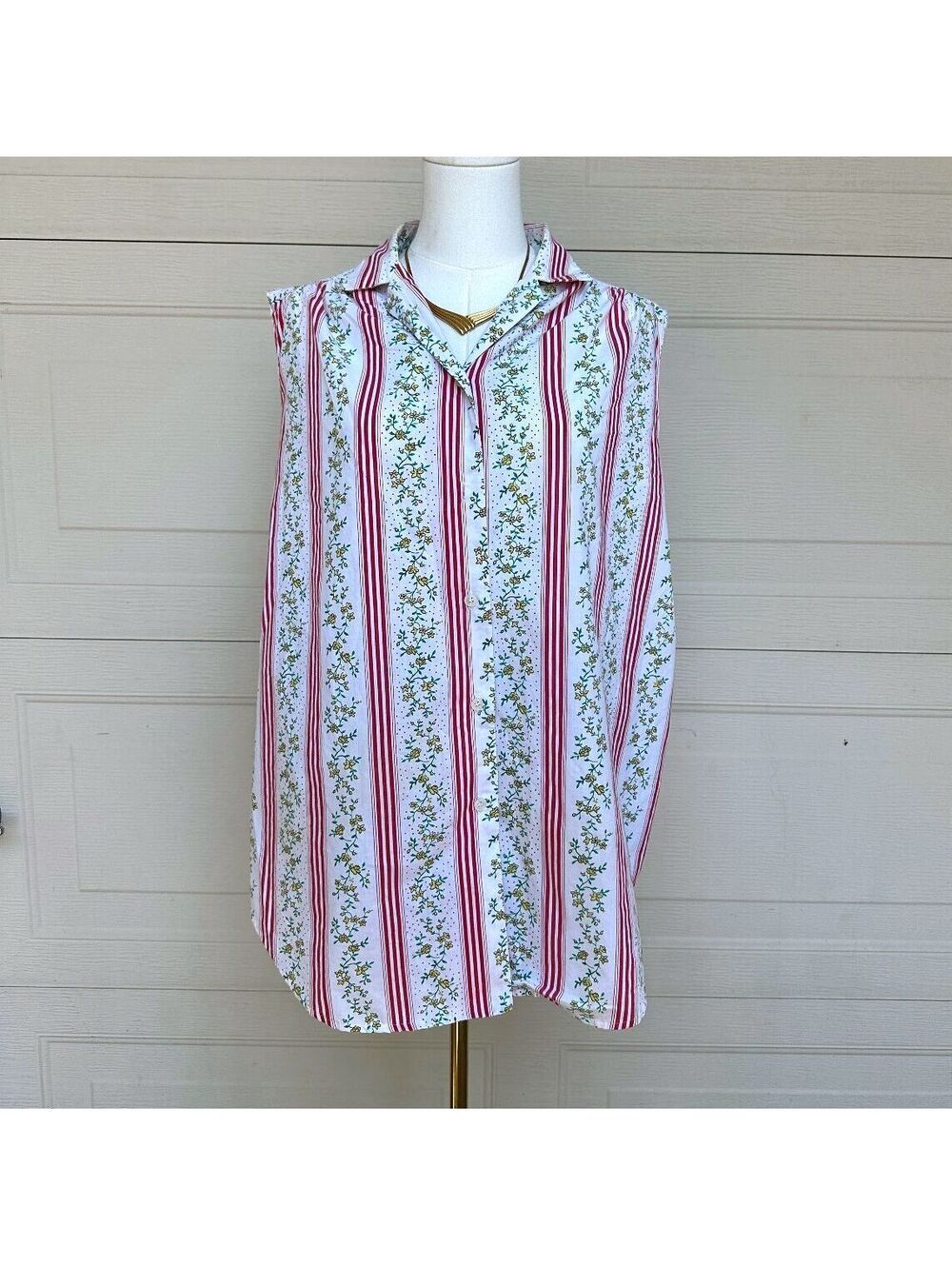 Vintage Bridge Gate Floral Stripe Sleeveless Button Front Blouse L XL Cottage